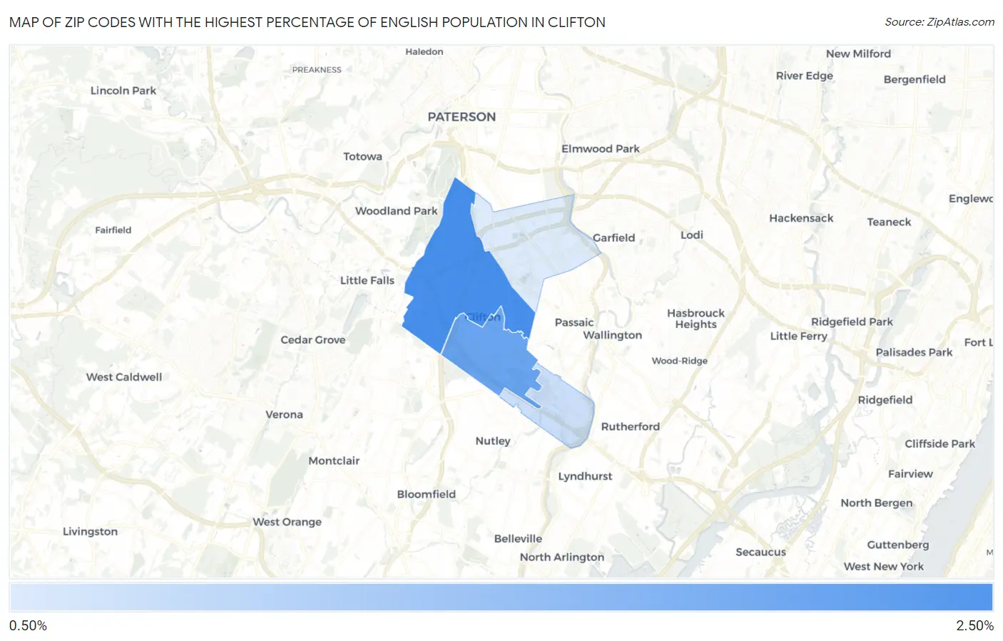 Zip Codes with the Highest Percentage of English Population in Clifton Map