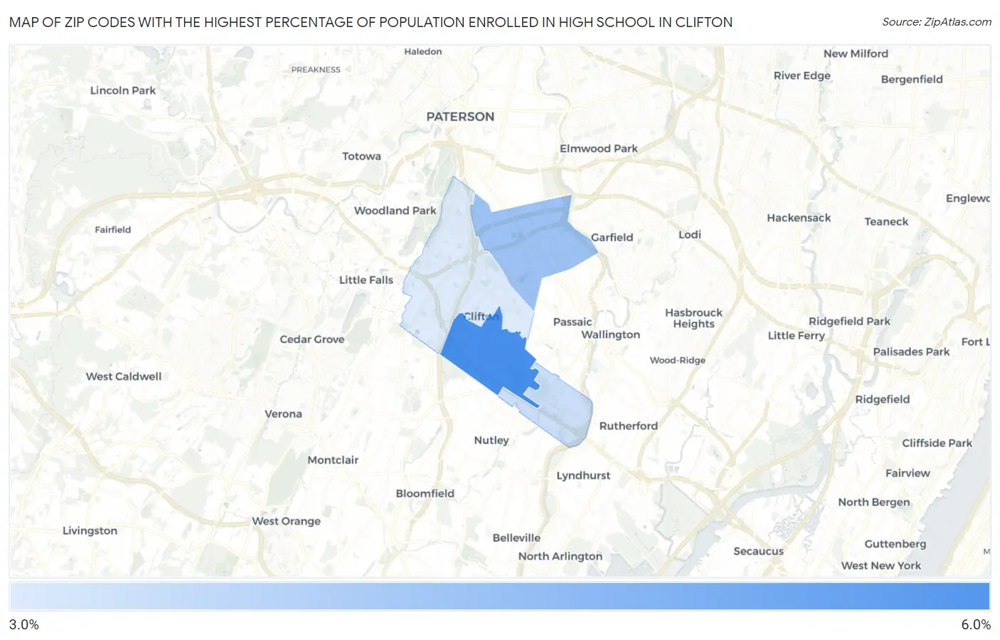Zip Codes with the Highest Percentage of Population Enrolled in High School in Clifton Map