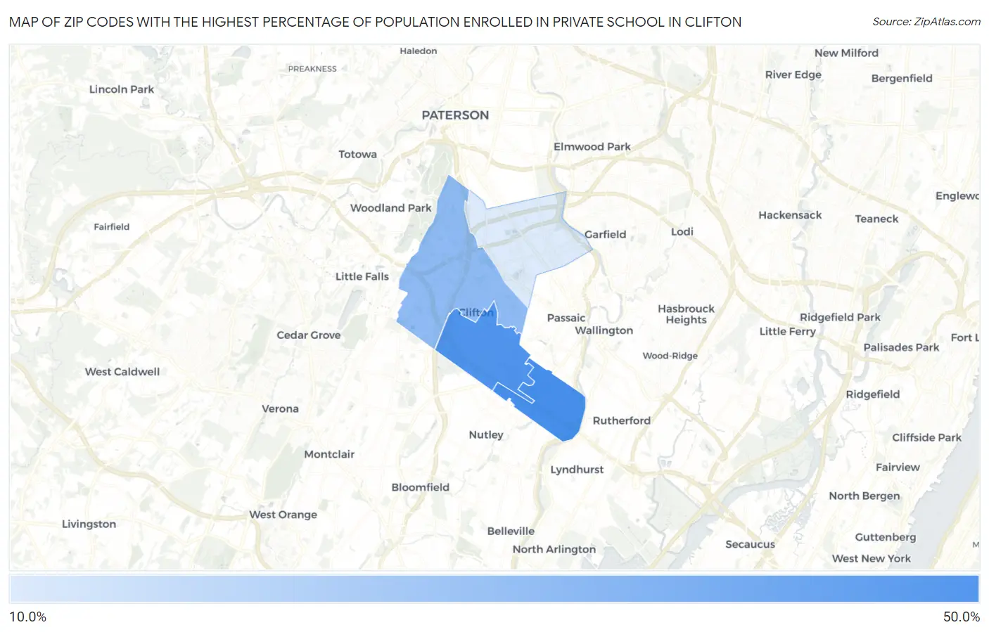 Zip Codes with the Highest Percentage of Population Enrolled in Private School in Clifton Map
