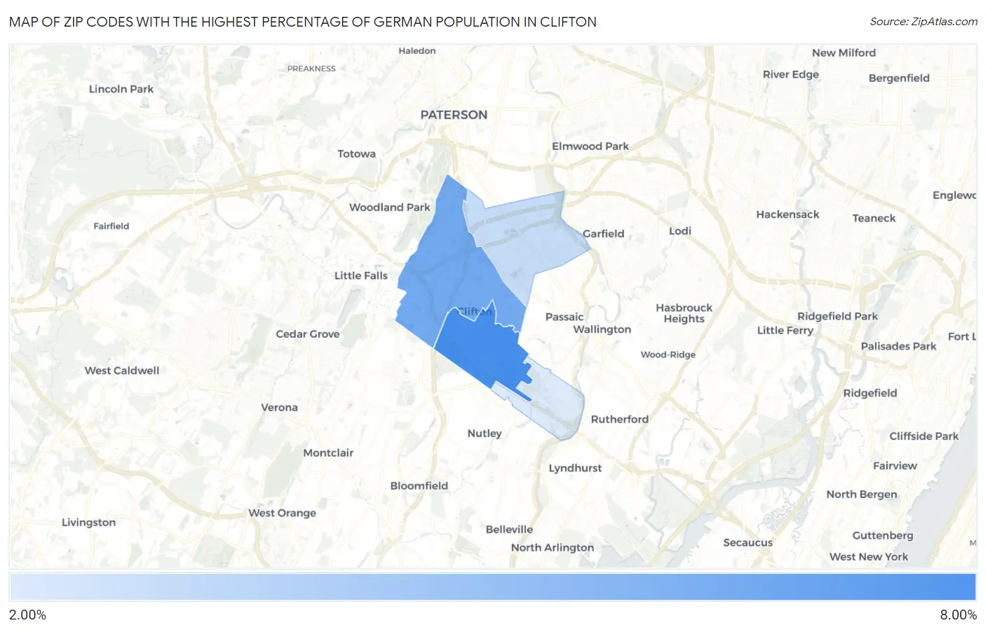 Zip Codes with the Highest Percentage of German Population in Clifton Map