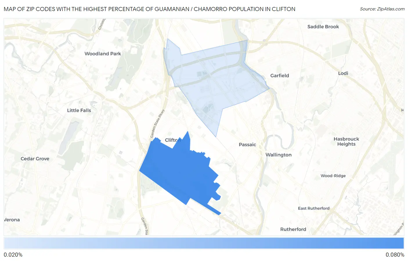 Zip Codes with the Highest Percentage of Guamanian / Chamorro Population in Clifton Map