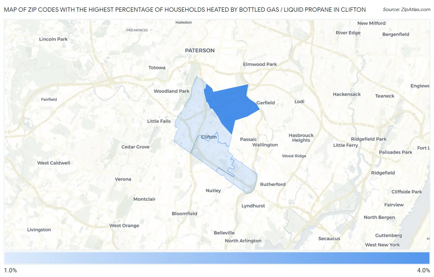 Zip Codes with the Highest Percentage of Households Heated by Bottled Gas / Liquid Propane in Clifton Map