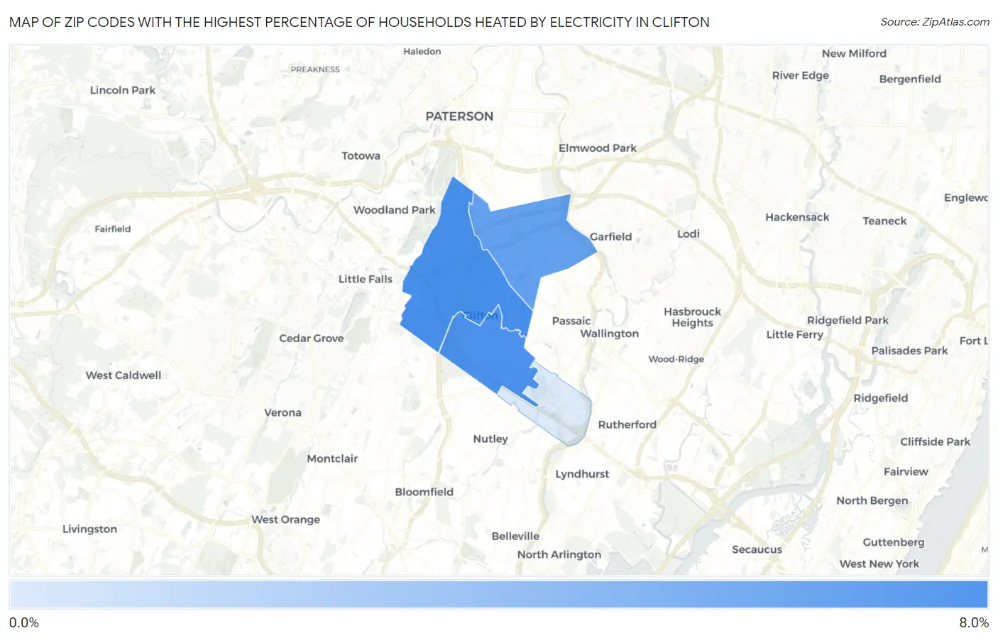 Zip Codes with the Highest Percentage of Households Heated by Electricity in Clifton Map