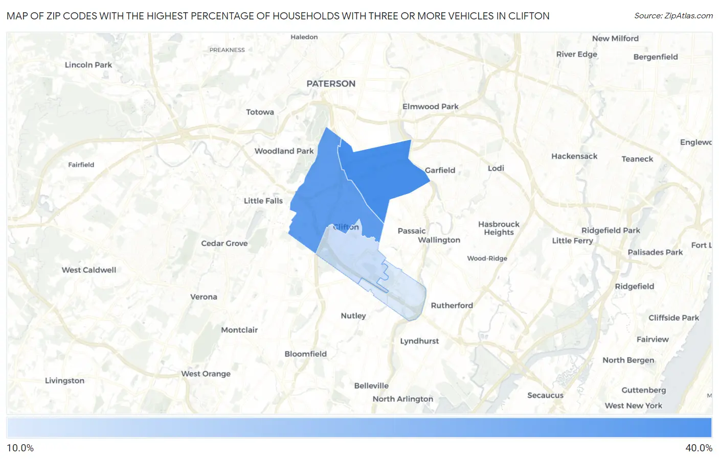 Zip Codes with the Highest Percentage of Households With Three or more Vehicles in Clifton Map