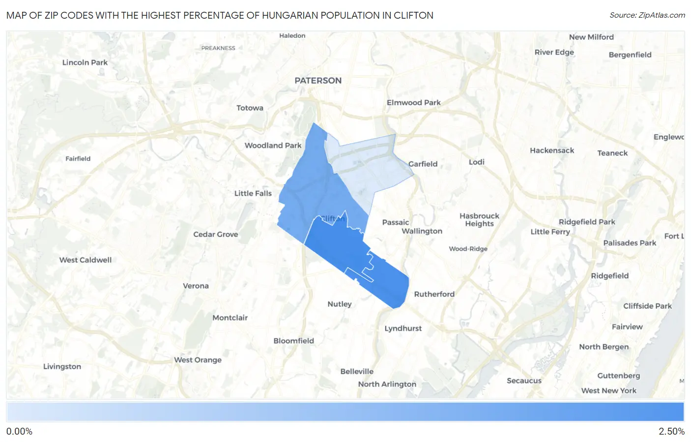 Zip Codes with the Highest Percentage of Hungarian Population in Clifton Map