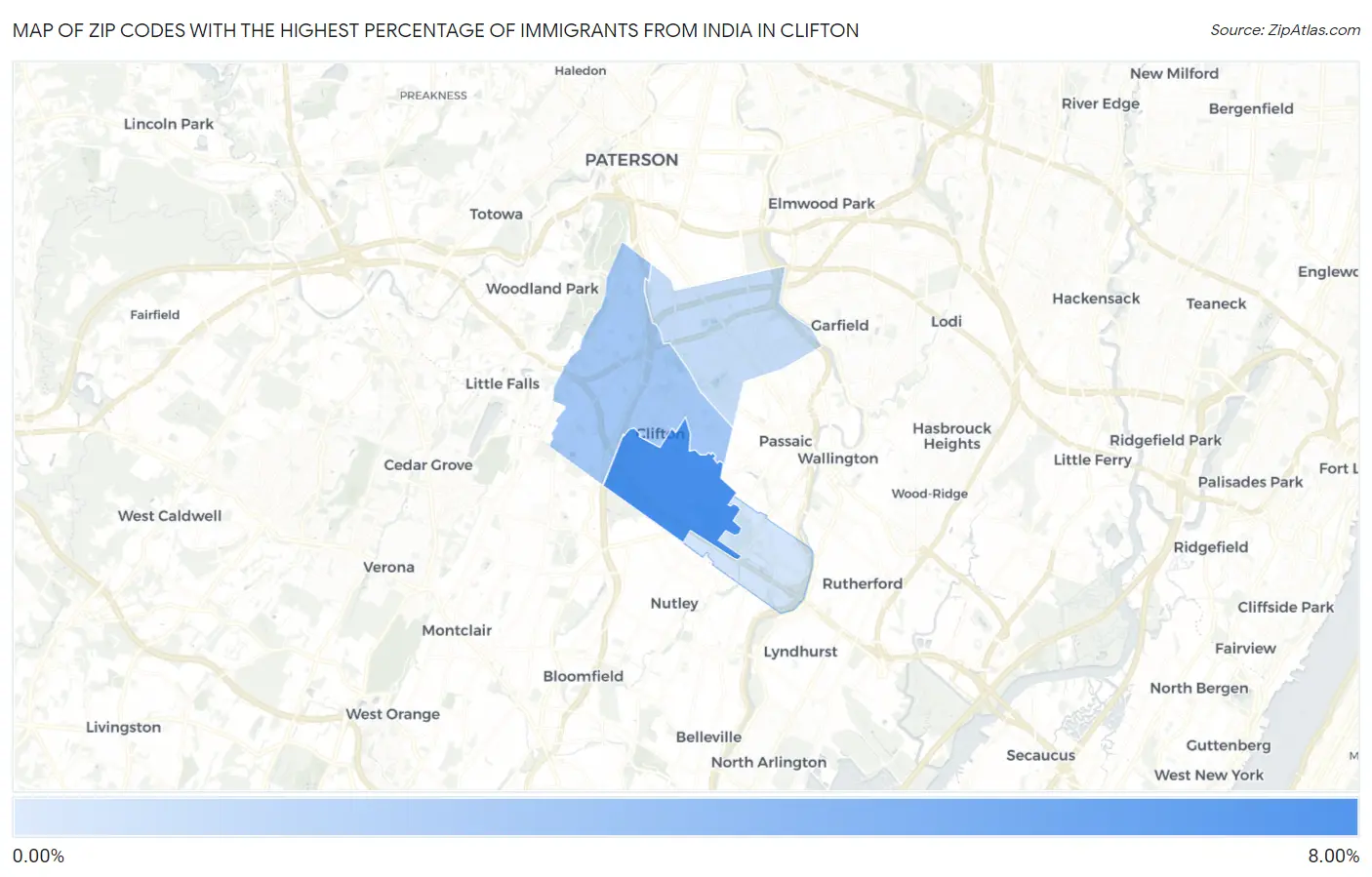 Zip Codes with the Highest Percentage of Immigrants from India in Clifton Map