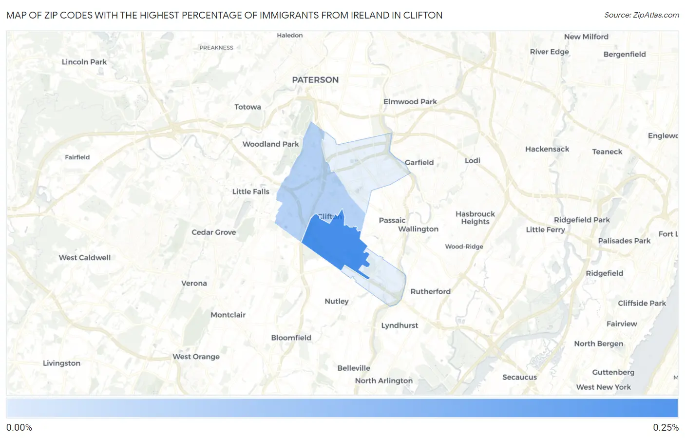 Zip Codes with the Highest Percentage of Immigrants from Ireland in Clifton Map