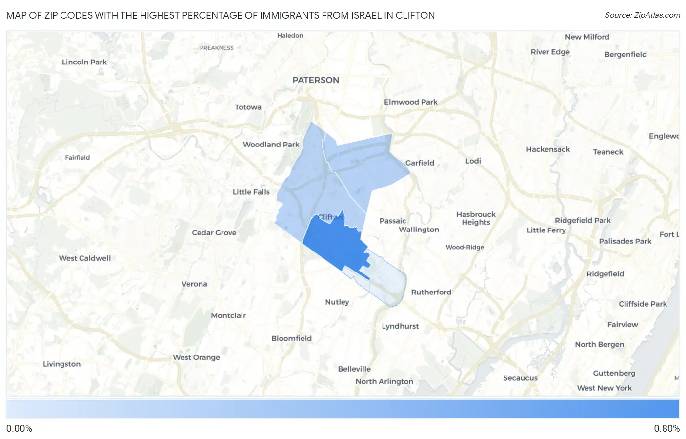 Zip Codes with the Highest Percentage of Immigrants from Israel in Clifton Map