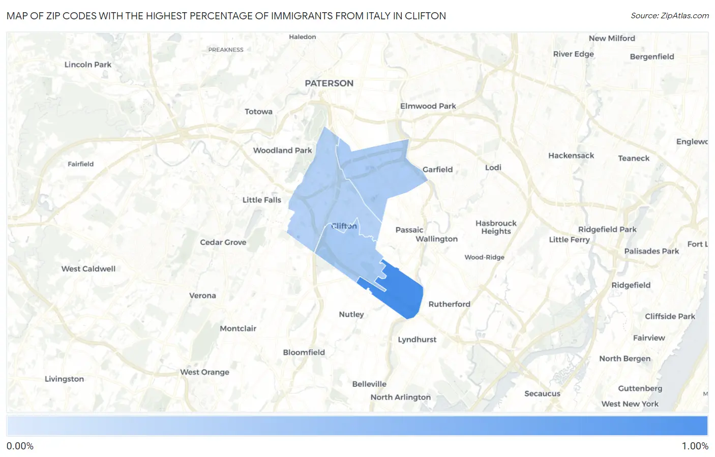Zip Codes with the Highest Percentage of Immigrants from Italy in Clifton Map
