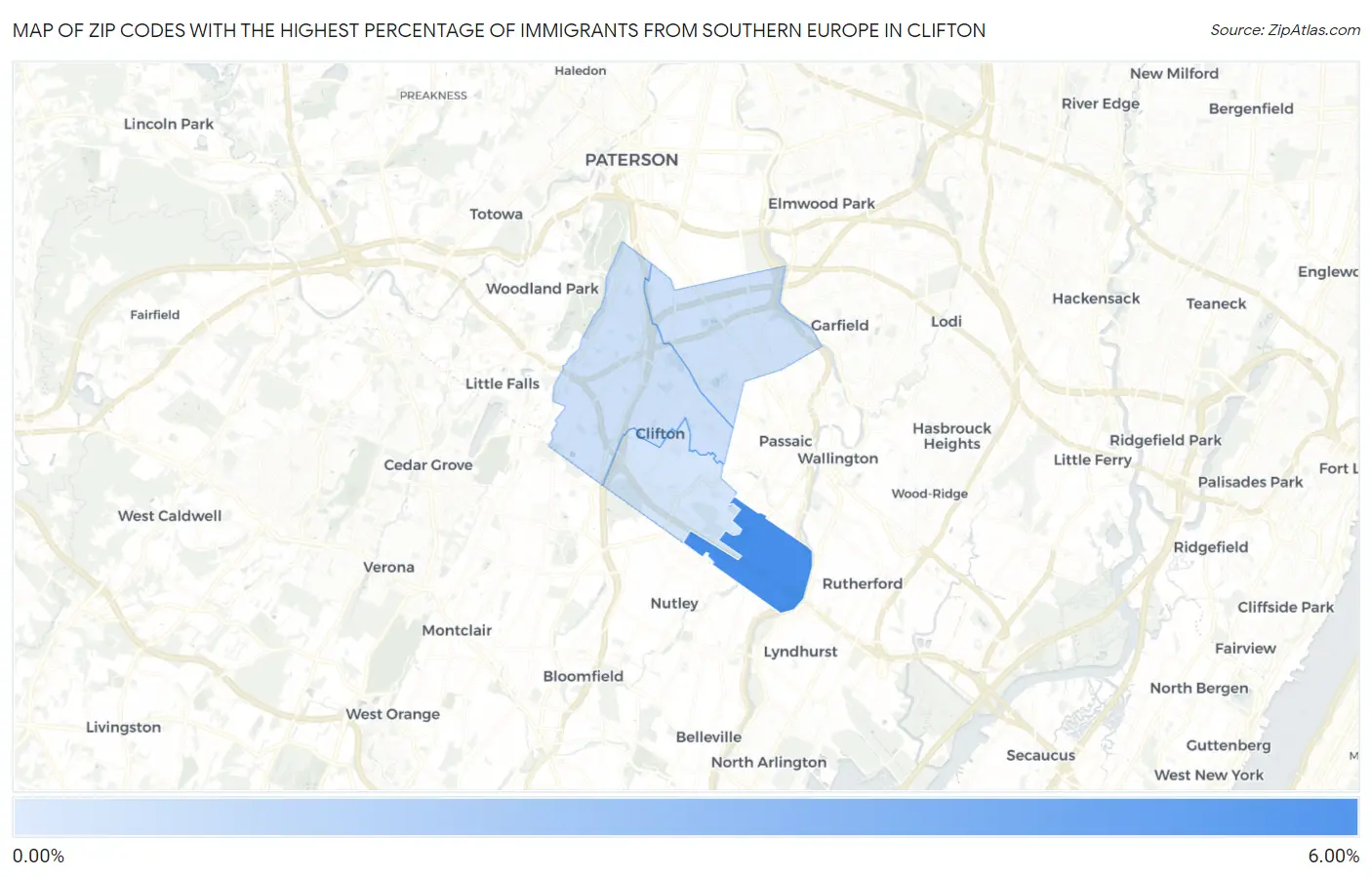 Zip Codes with the Highest Percentage of Immigrants from Southern Europe in Clifton Map