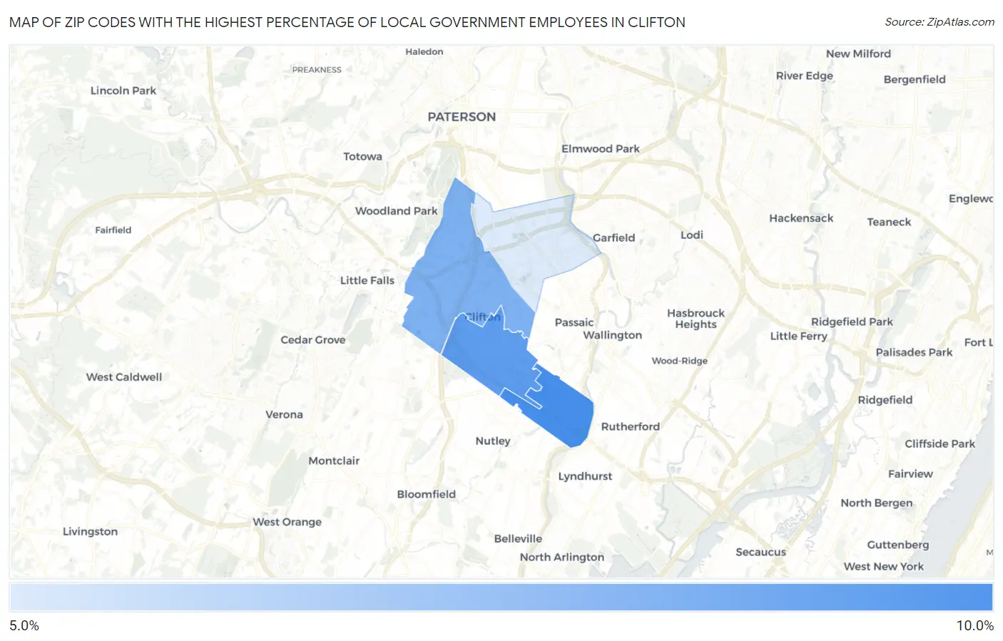 Zip Codes with the Highest Percentage of Local Government Employees in Clifton Map