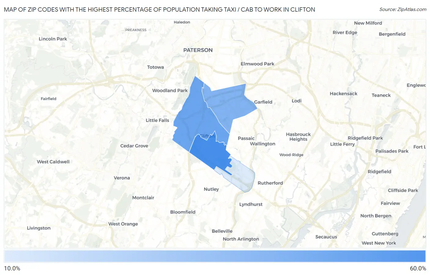 Zip Codes with the Highest Percentage of Population Taking Taxi / Cab to Work in Clifton Map