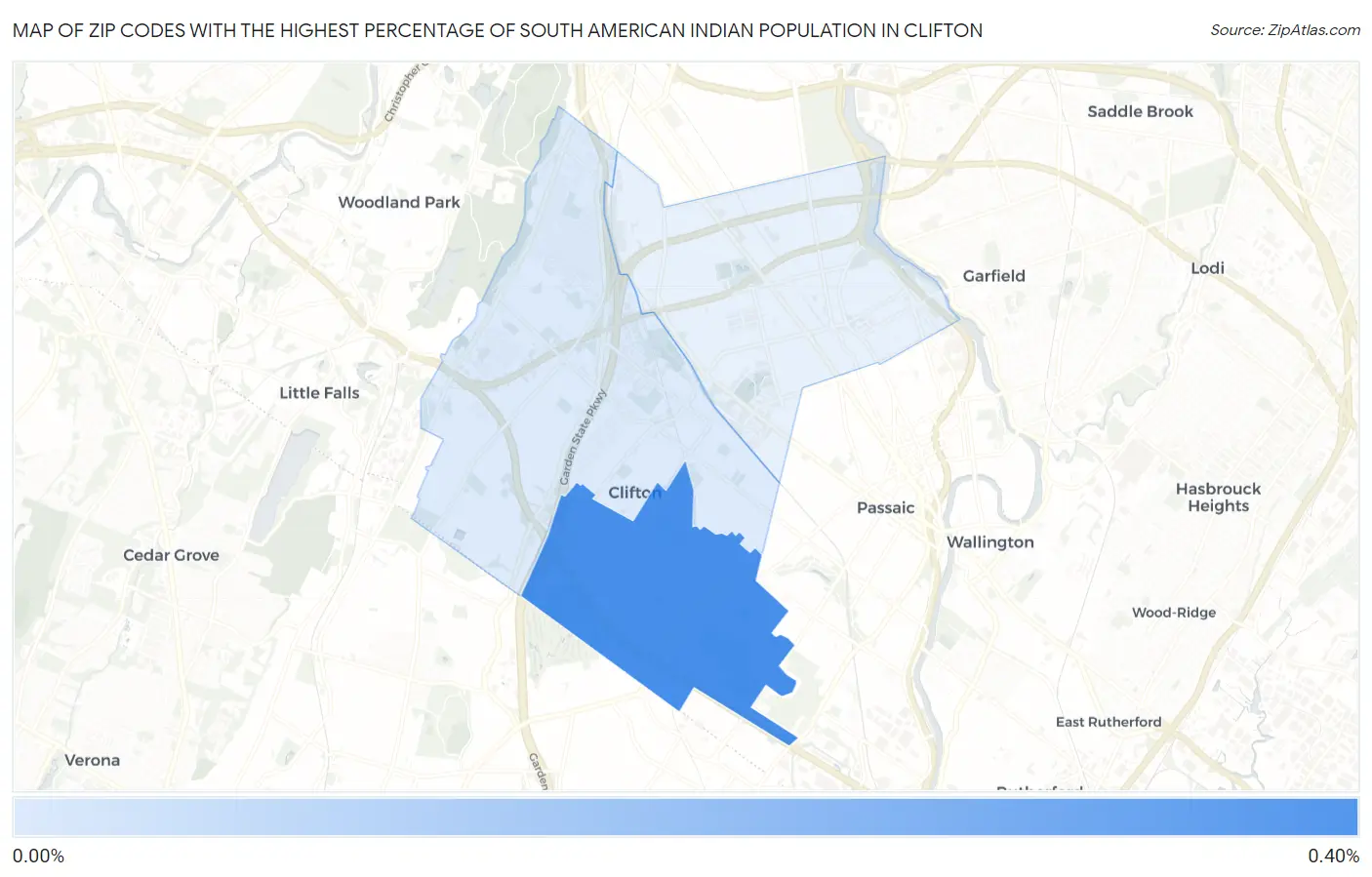 Zip Codes with the Highest Percentage of South American Indian Population in Clifton Map