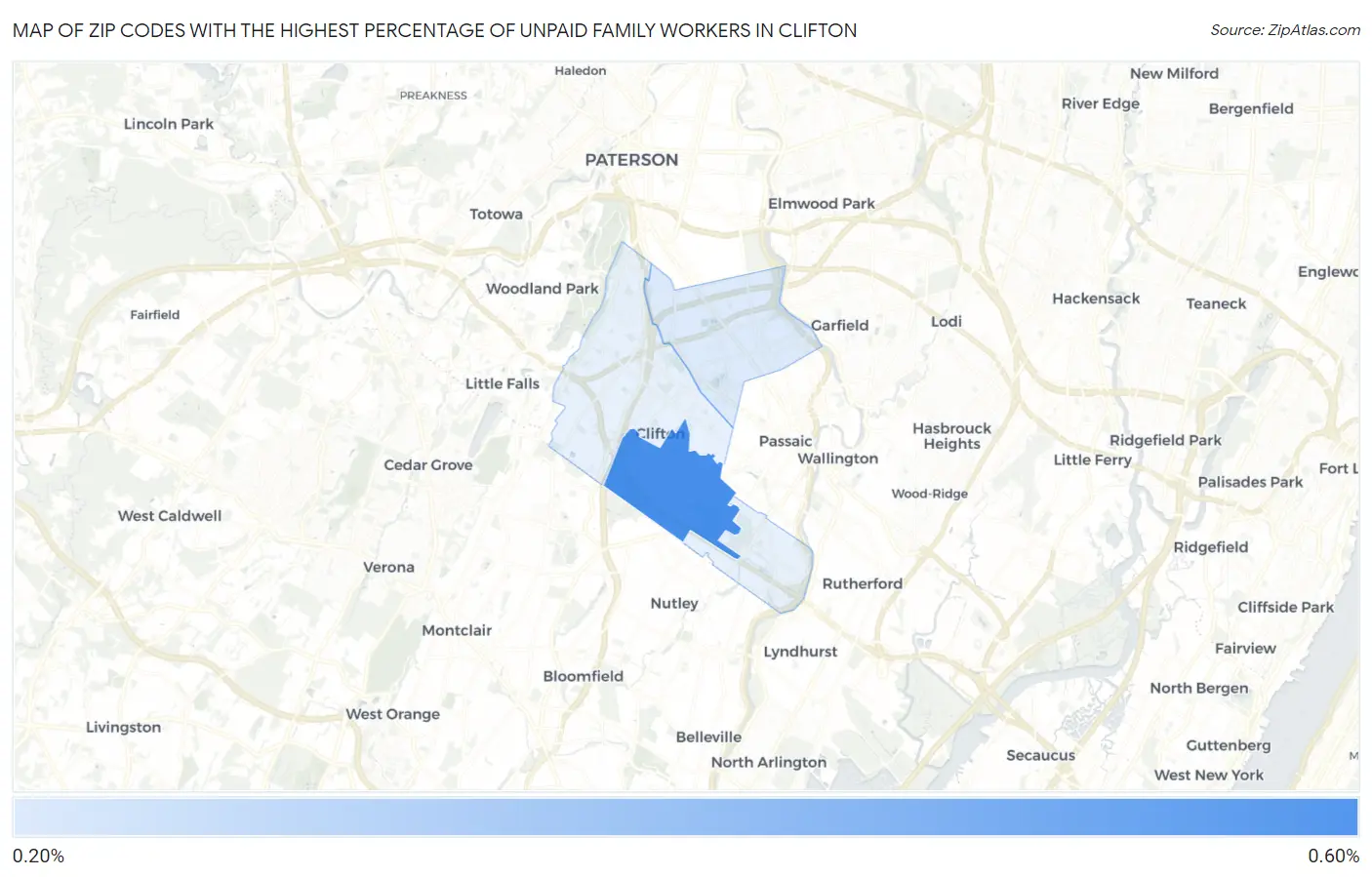 Zip Codes with the Highest Percentage of Unpaid Family Workers in Clifton Map