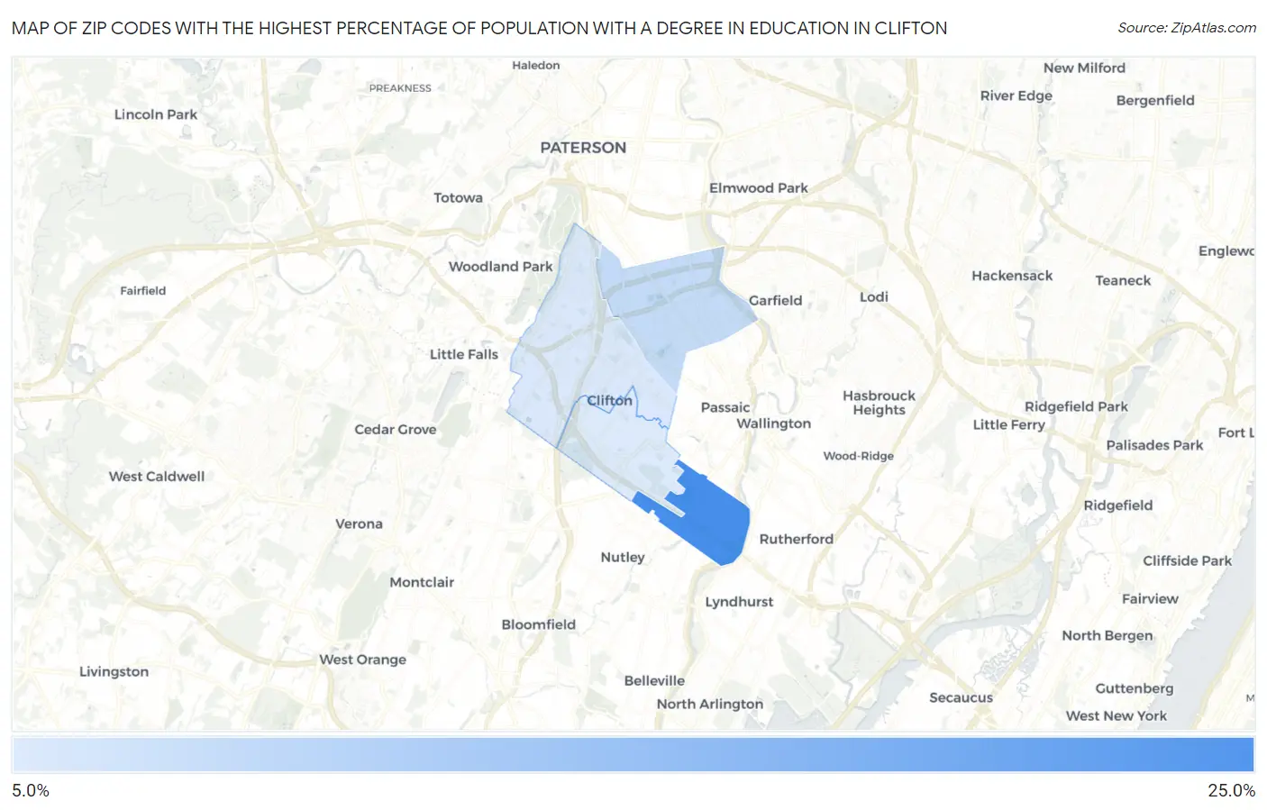 Zip Codes with the Highest Percentage of Population with a Degree in Education in Clifton Map