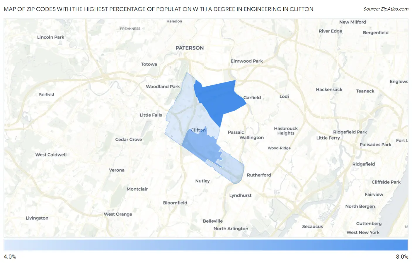 Zip Codes with the Highest Percentage of Population with a Degree in Engineering in Clifton Map