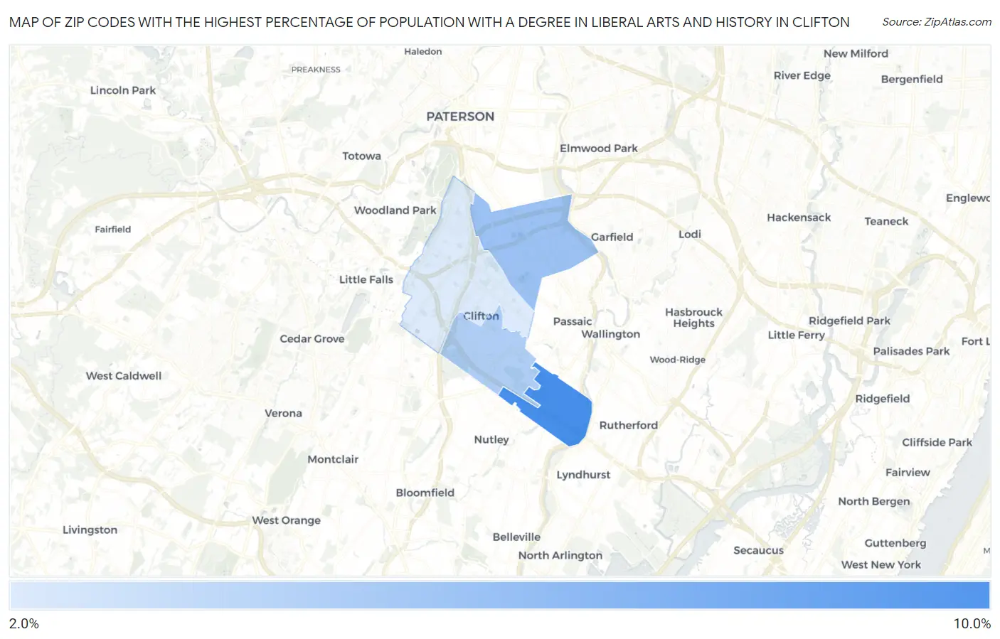 Zip Codes with the Highest Percentage of Population with a Degree in Liberal Arts and History in Clifton Map