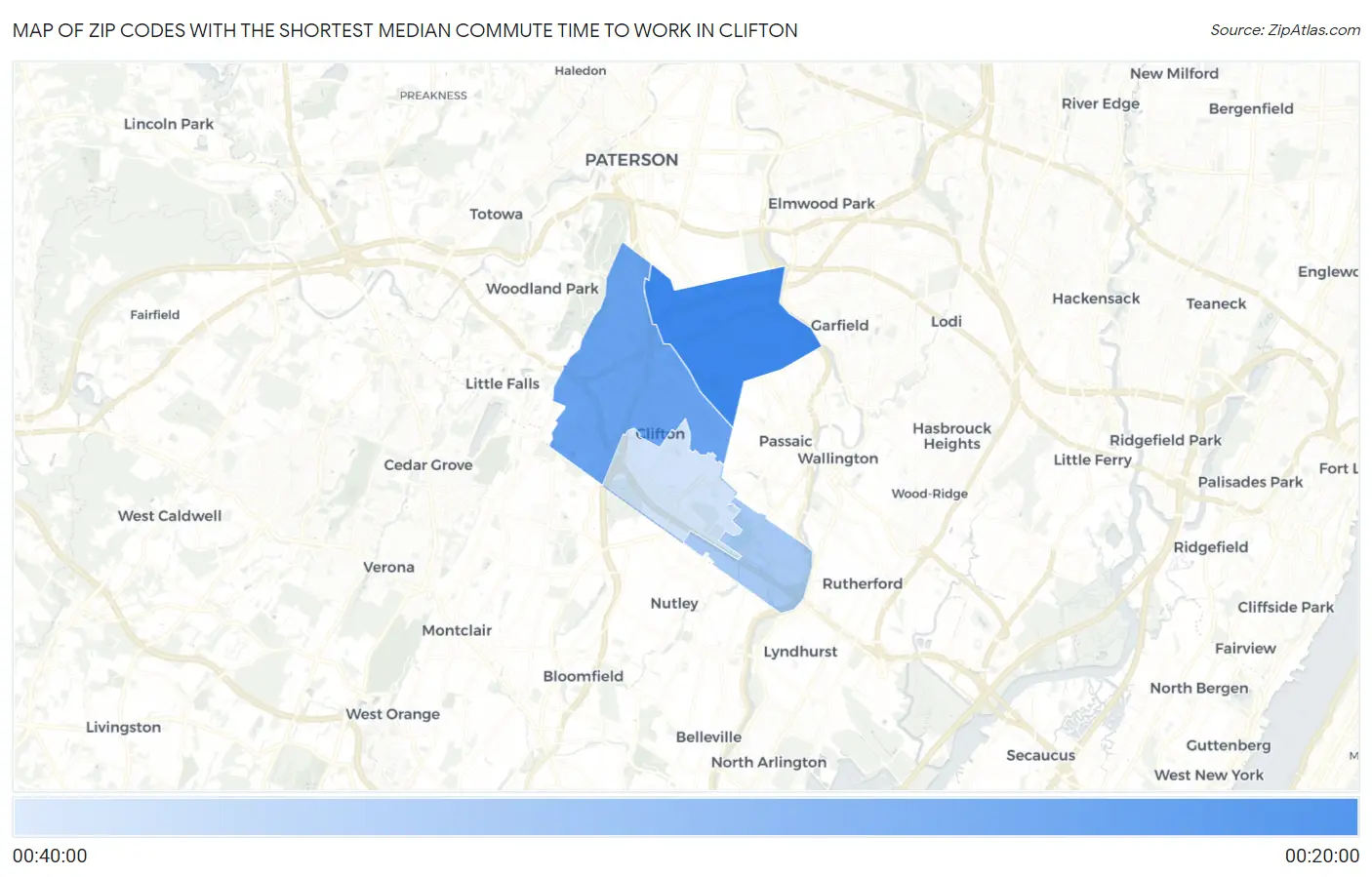 Zip Codes with the Shortest Median Commute Time to Work in Clifton Map