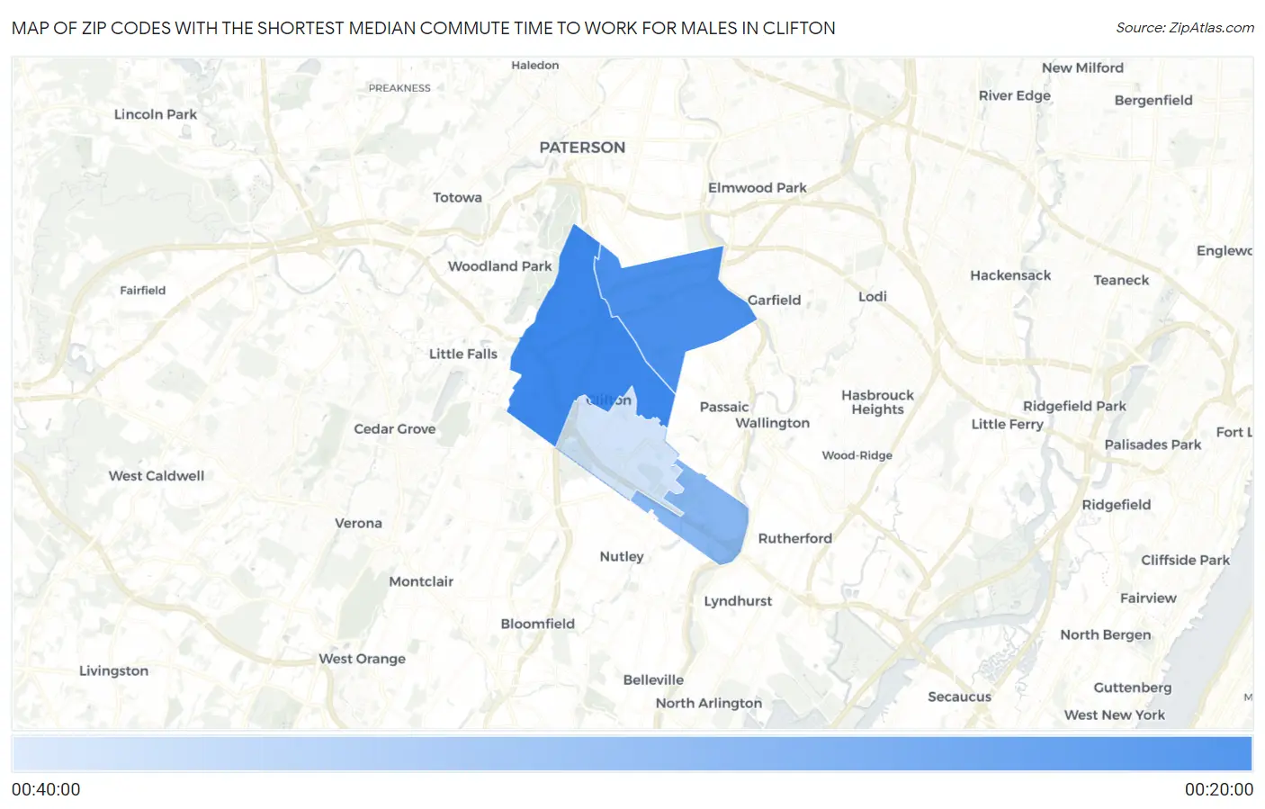 Zip Codes with the Shortest Median Commute Time to Work for Males in Clifton Map