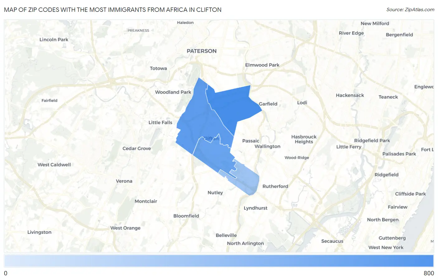 Zip Codes with the Most Immigrants from Africa in Clifton Map