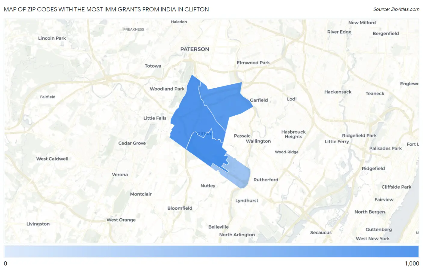 Zip Codes with the Most Immigrants from India in Clifton Map