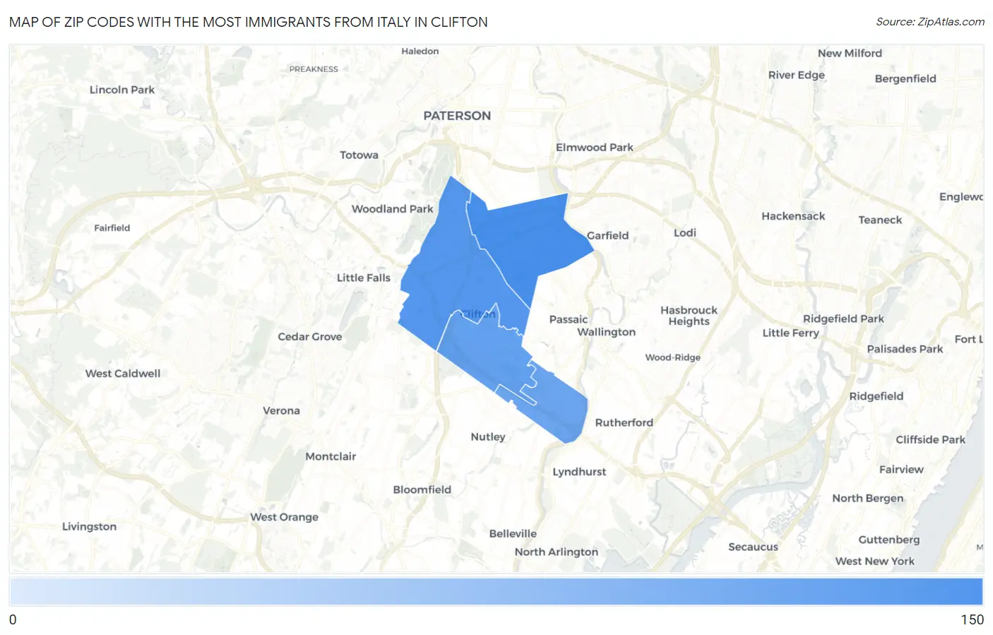 Zip Codes with the Most Immigrants from Italy in Clifton Map