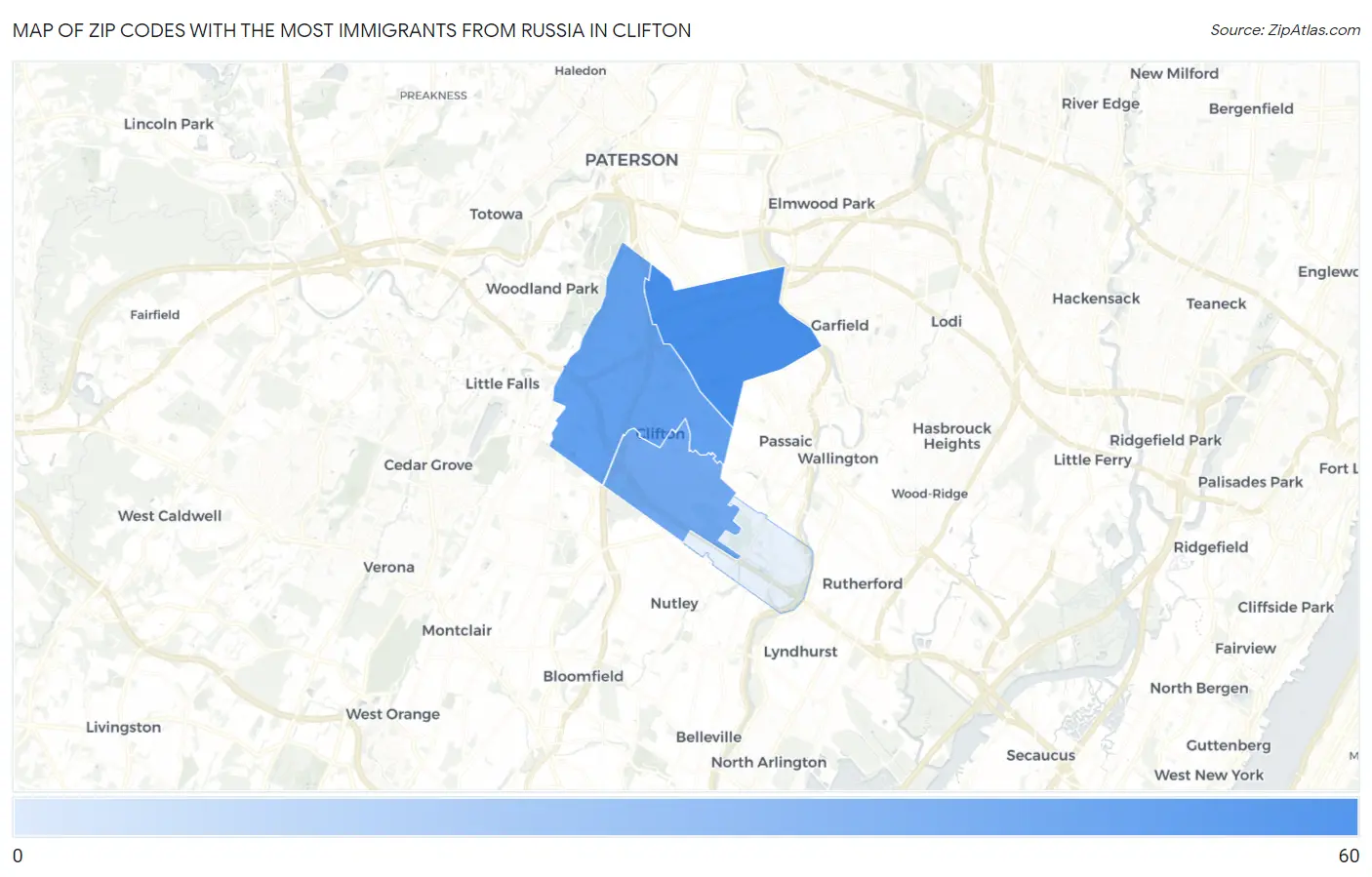 Zip Codes with the Most Immigrants from Russia in Clifton Map