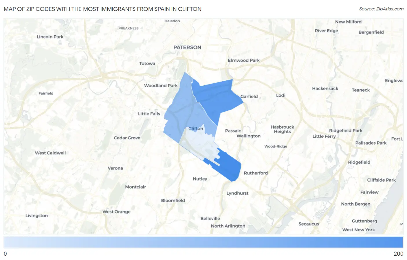 Zip Codes with the Most Immigrants from Spain in Clifton Map