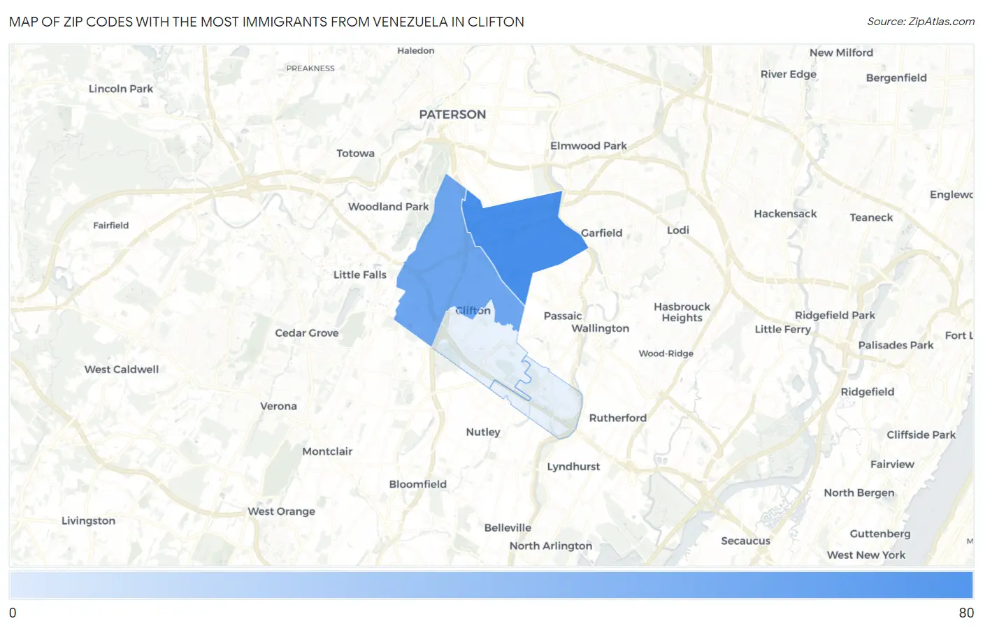 Zip Codes with the Most Immigrants from Venezuela in Clifton Map