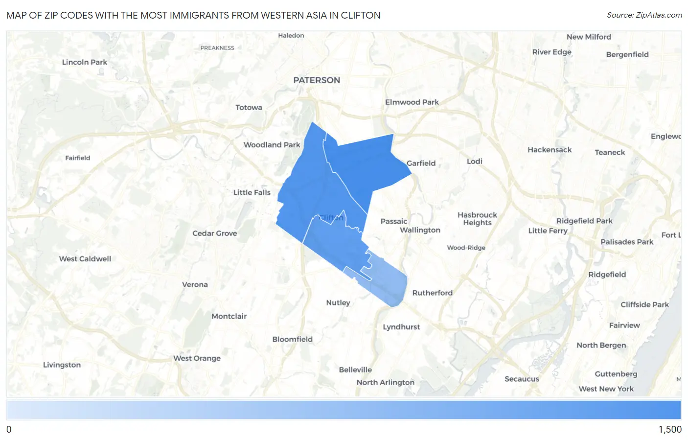 Zip Codes with the Most Immigrants from Western Asia in Clifton Map