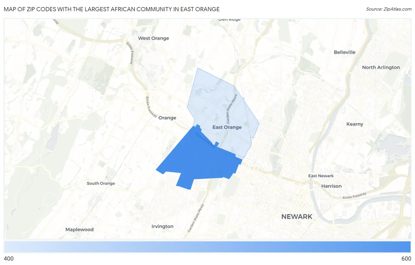 Zip Codes with the Largest African Community in East Orange Map