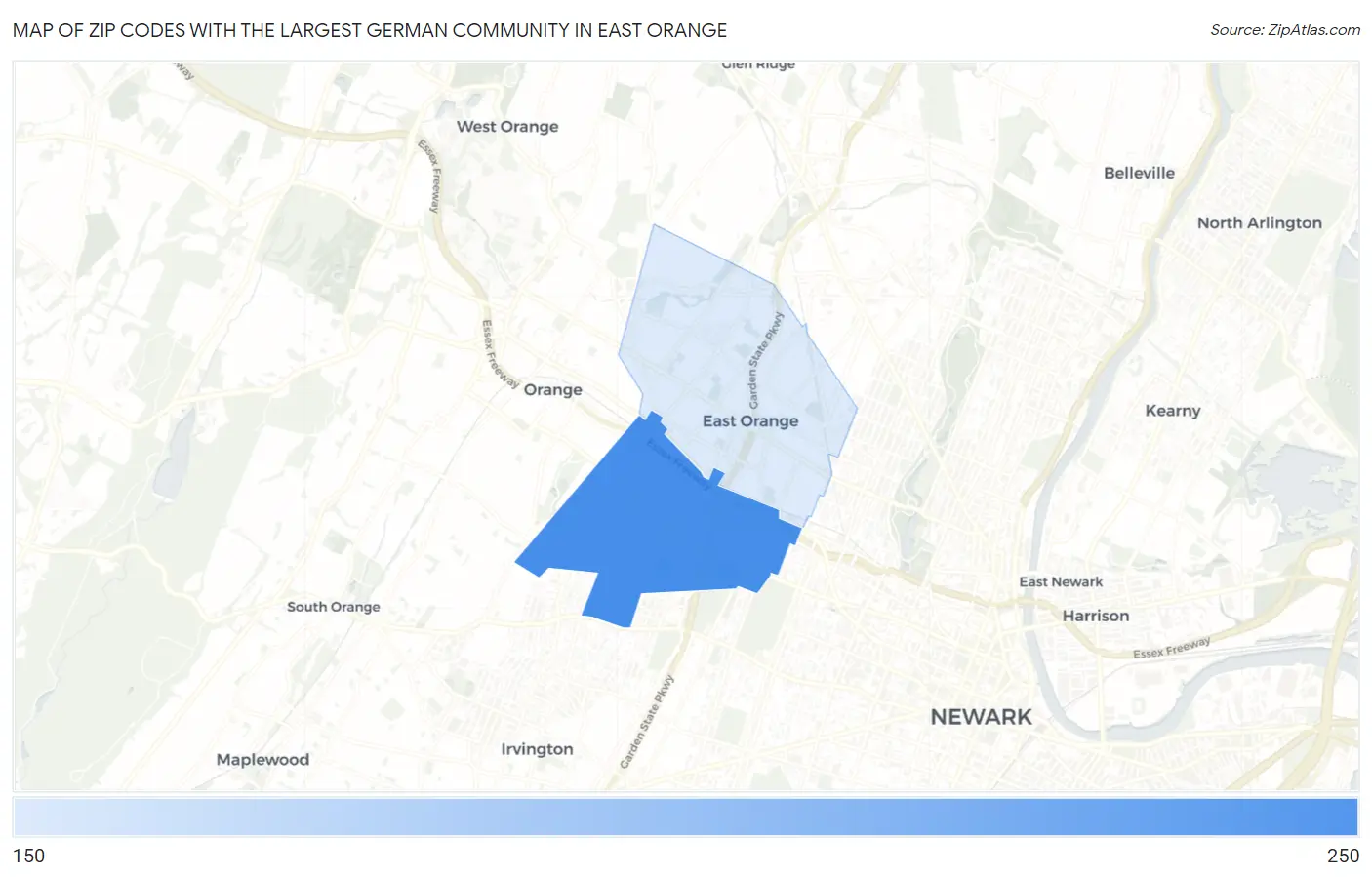 Zip Codes with the Largest German Community in East Orange Map