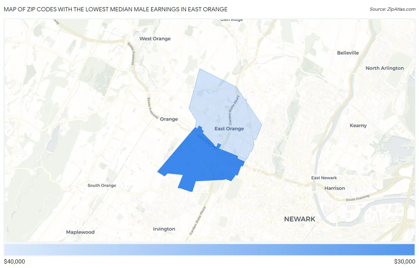 Zip Codes with the Lowest Median Male Earnings in East Orange Map