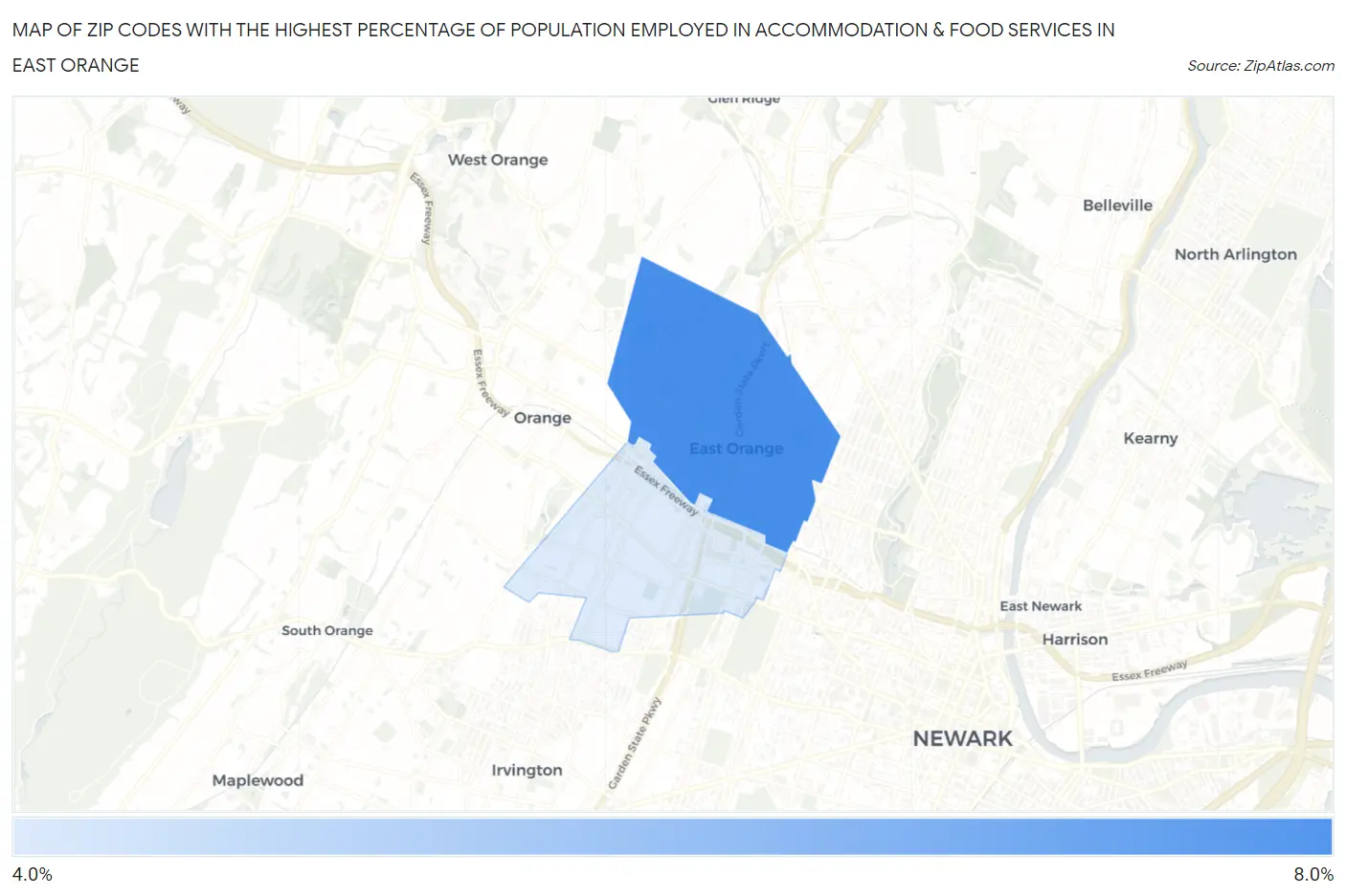 Zip Codes with the Highest Percentage of Population Employed in Accommodation & Food Services in East Orange Map