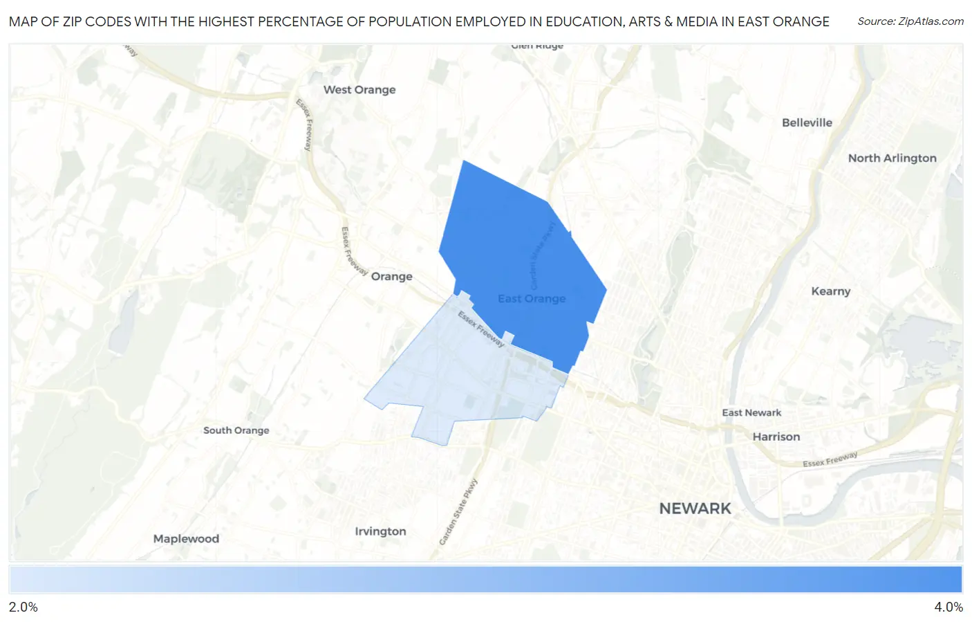 Zip Codes with the Highest Percentage of Population Employed in Education, Arts & Media in East Orange Map