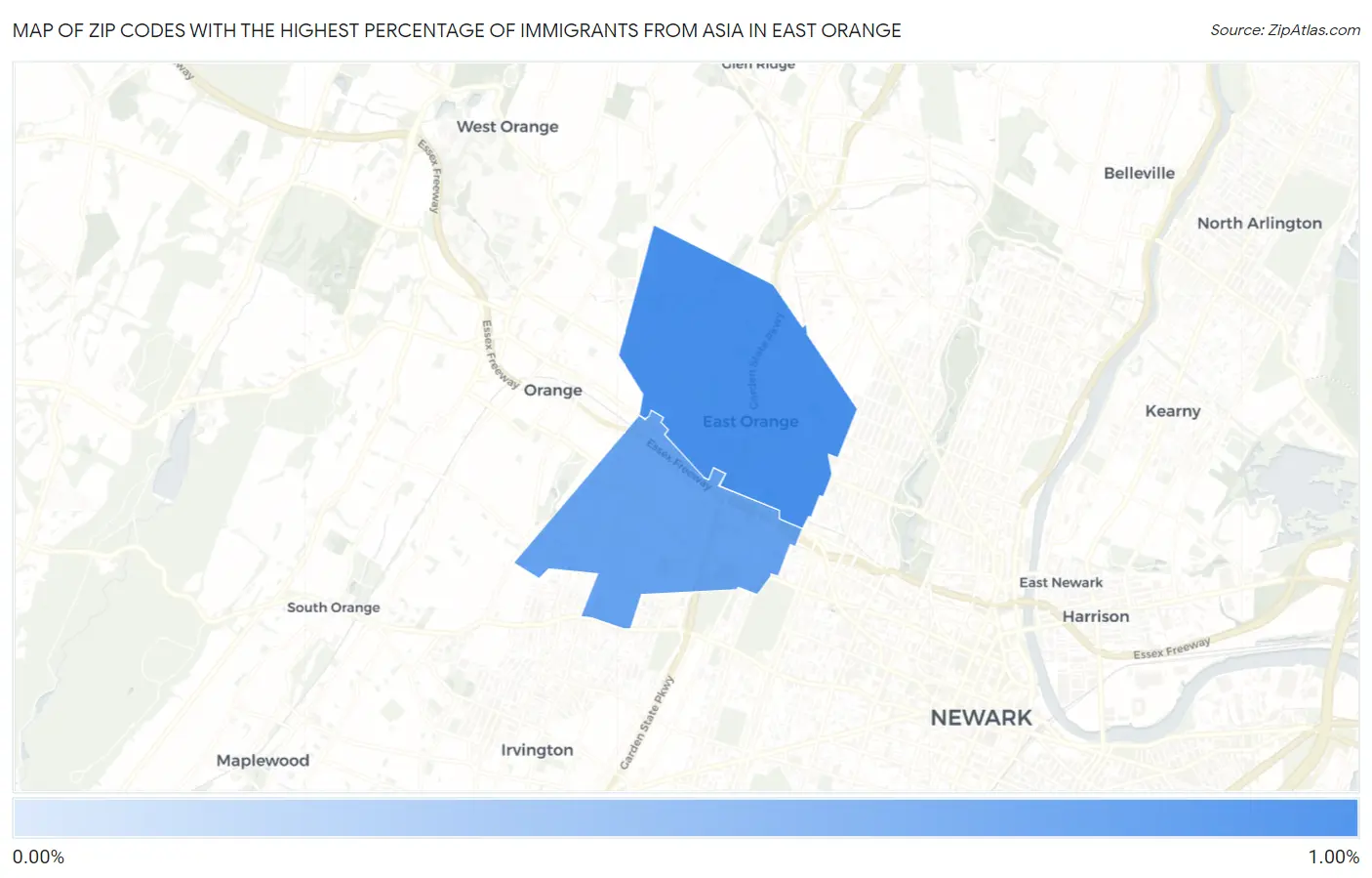 Zip Codes with the Highest Percentage of Immigrants from Asia in East Orange Map