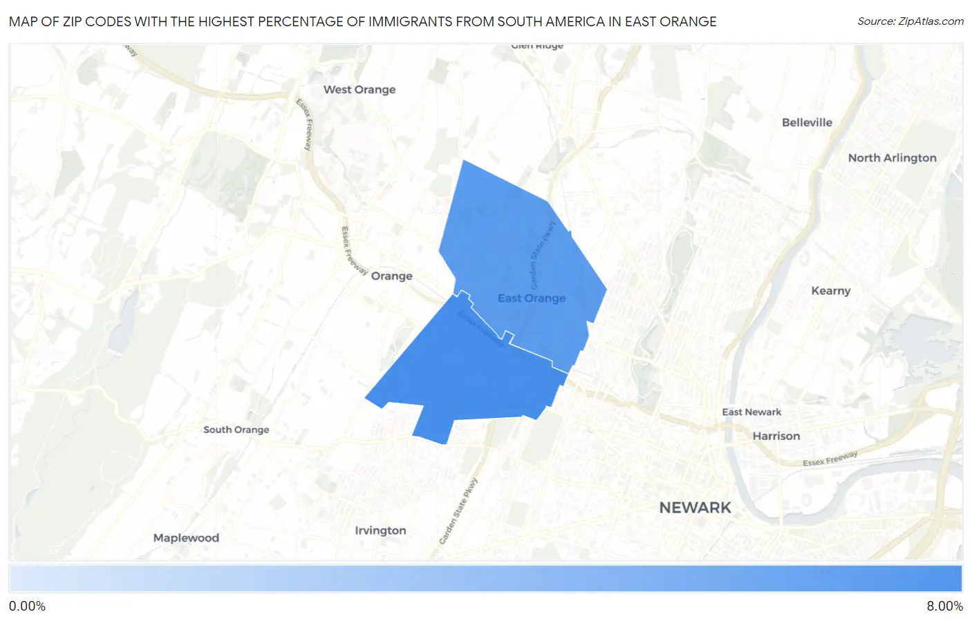 Zip Codes with the Highest Percentage of Immigrants from South America in East Orange Map