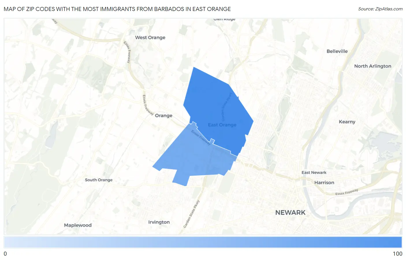 Zip Codes with the Most Immigrants from Barbados in East Orange Map
