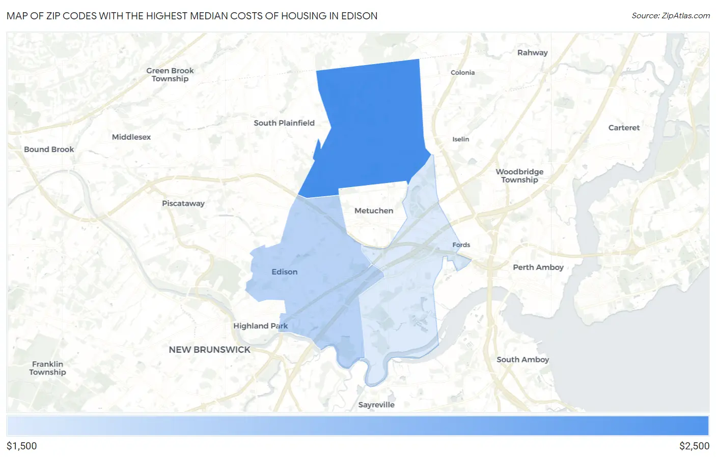 Zip Codes with the Highest Median Costs of Housing in Edison Map