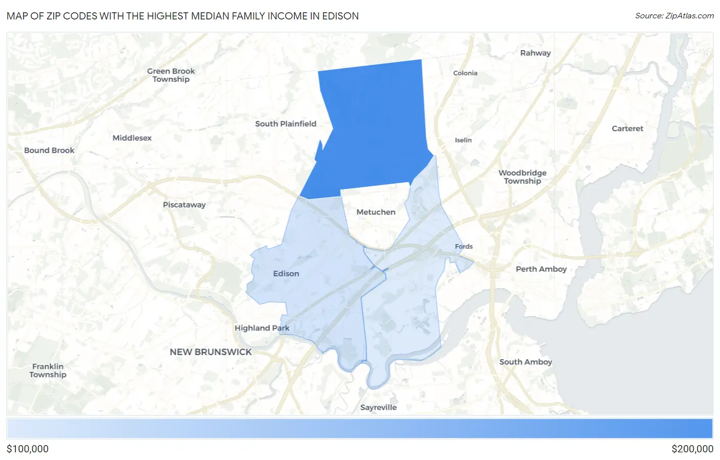 Zip Codes with the Highest Median Family Income in Edison Map