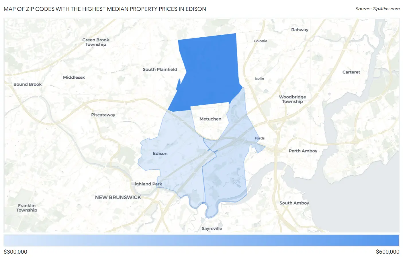 Zip Codes with the Highest Median Property Prices in Edison Map