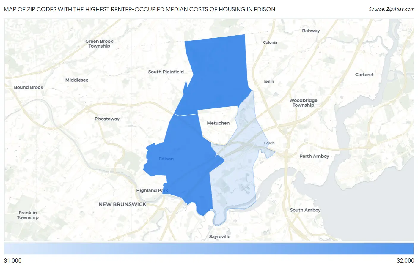 Zip Codes with the Highest Renter-Occupied Median Costs of Housing in Edison Map
