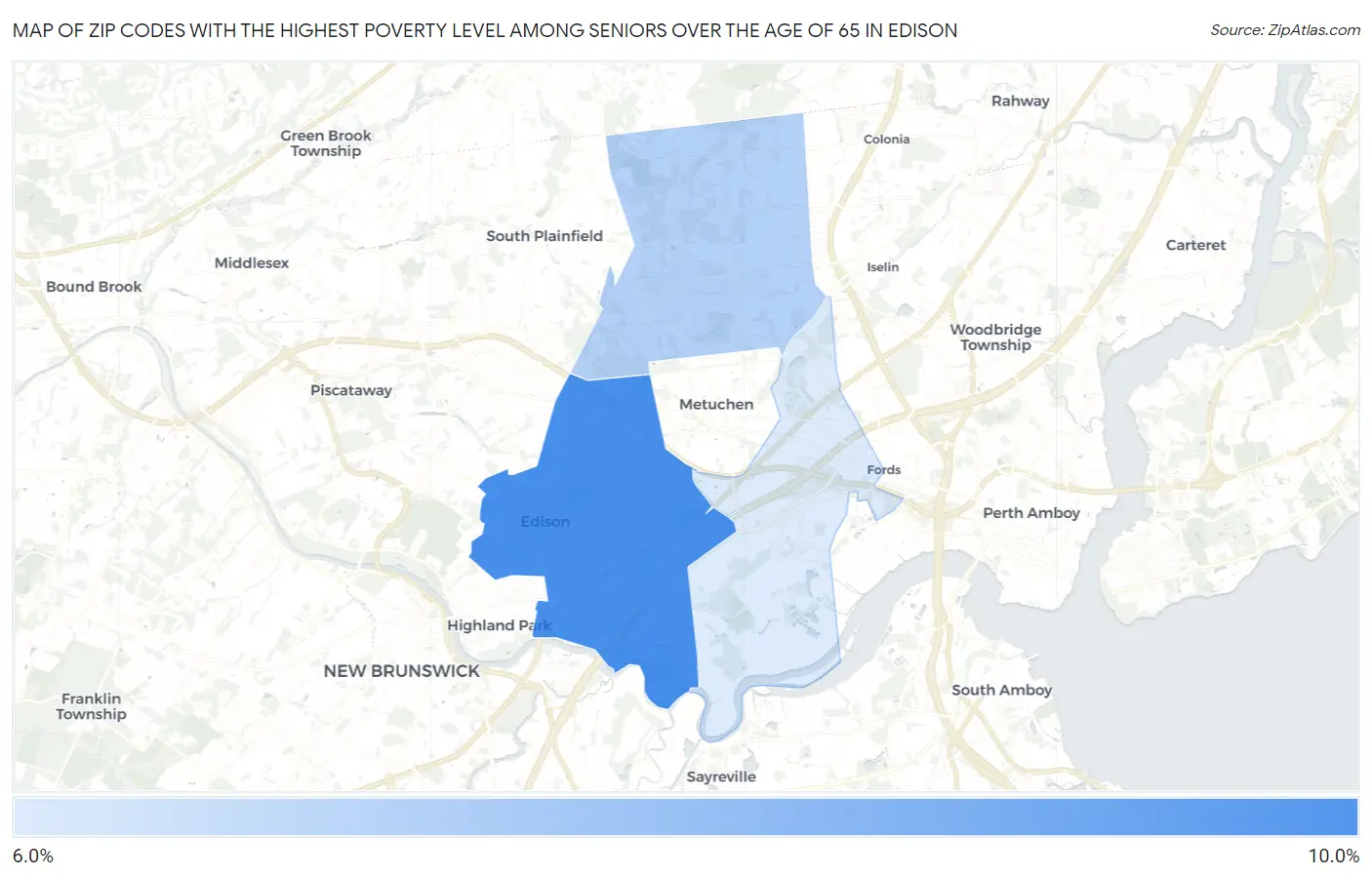 Zip Codes with the Highest Poverty Level Among Seniors Over the Age of 65 in Edison Map