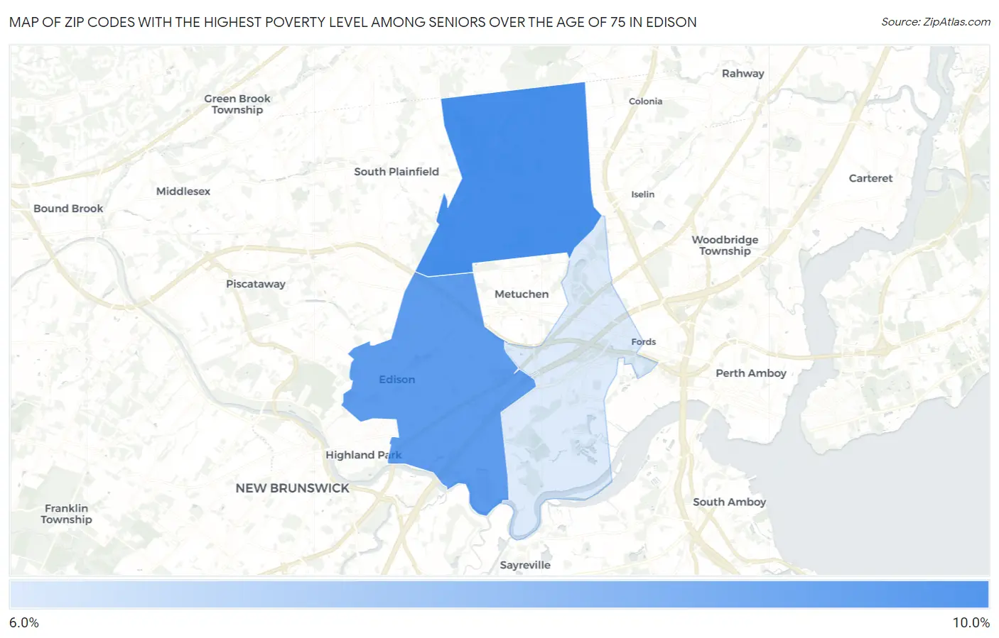 Zip Codes with the Highest Poverty Level Among Seniors Over the Age of 75 in Edison Map