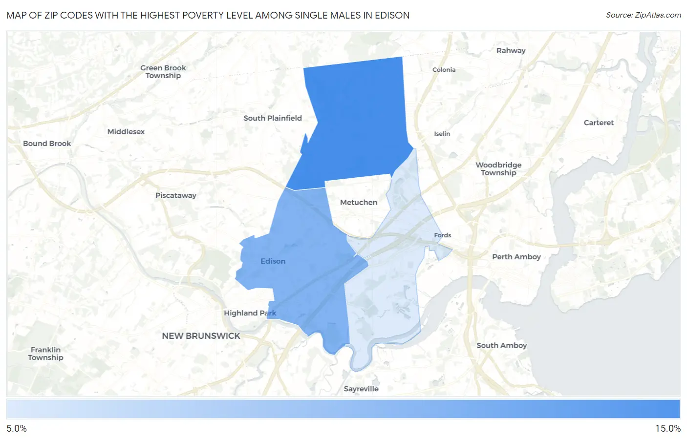 Zip Codes with the Highest Poverty Level Among Single Males in Edison Map