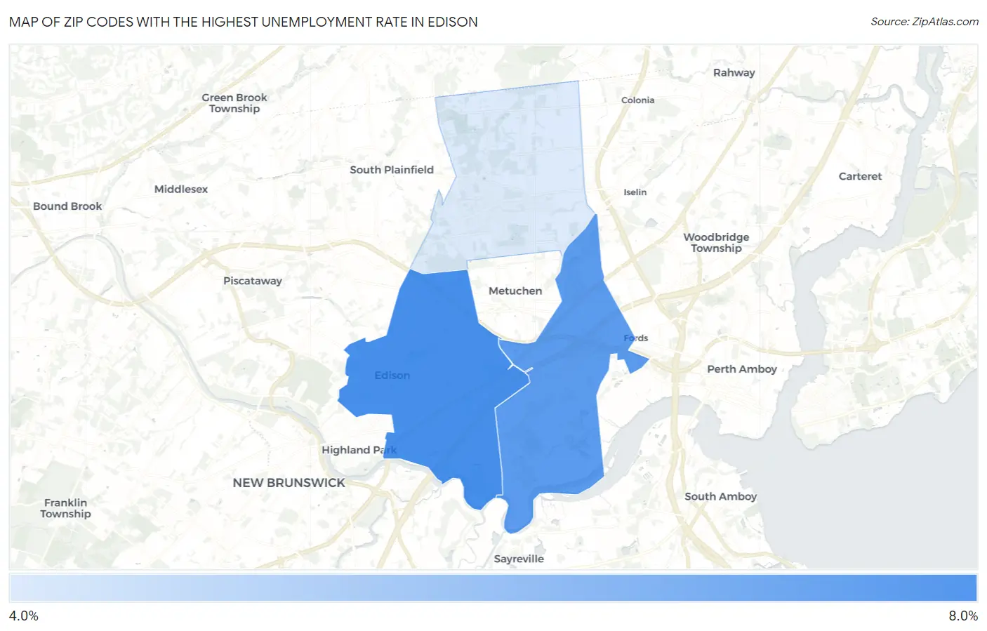 Zip Codes with the Highest Unemployment Rate in Edison Map