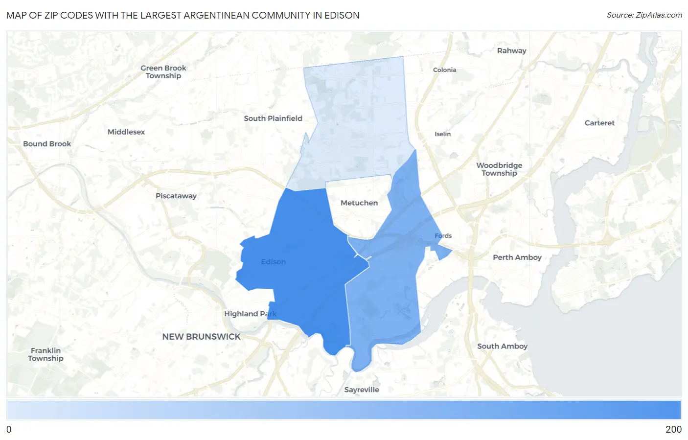 Zip Codes with the Largest Argentinean Community in Edison Map