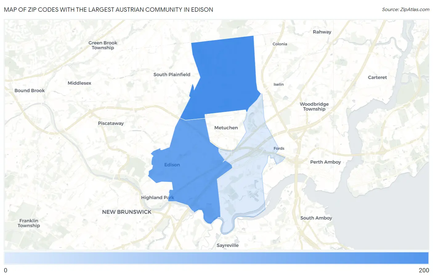 Zip Codes with the Largest Austrian Community in Edison Map