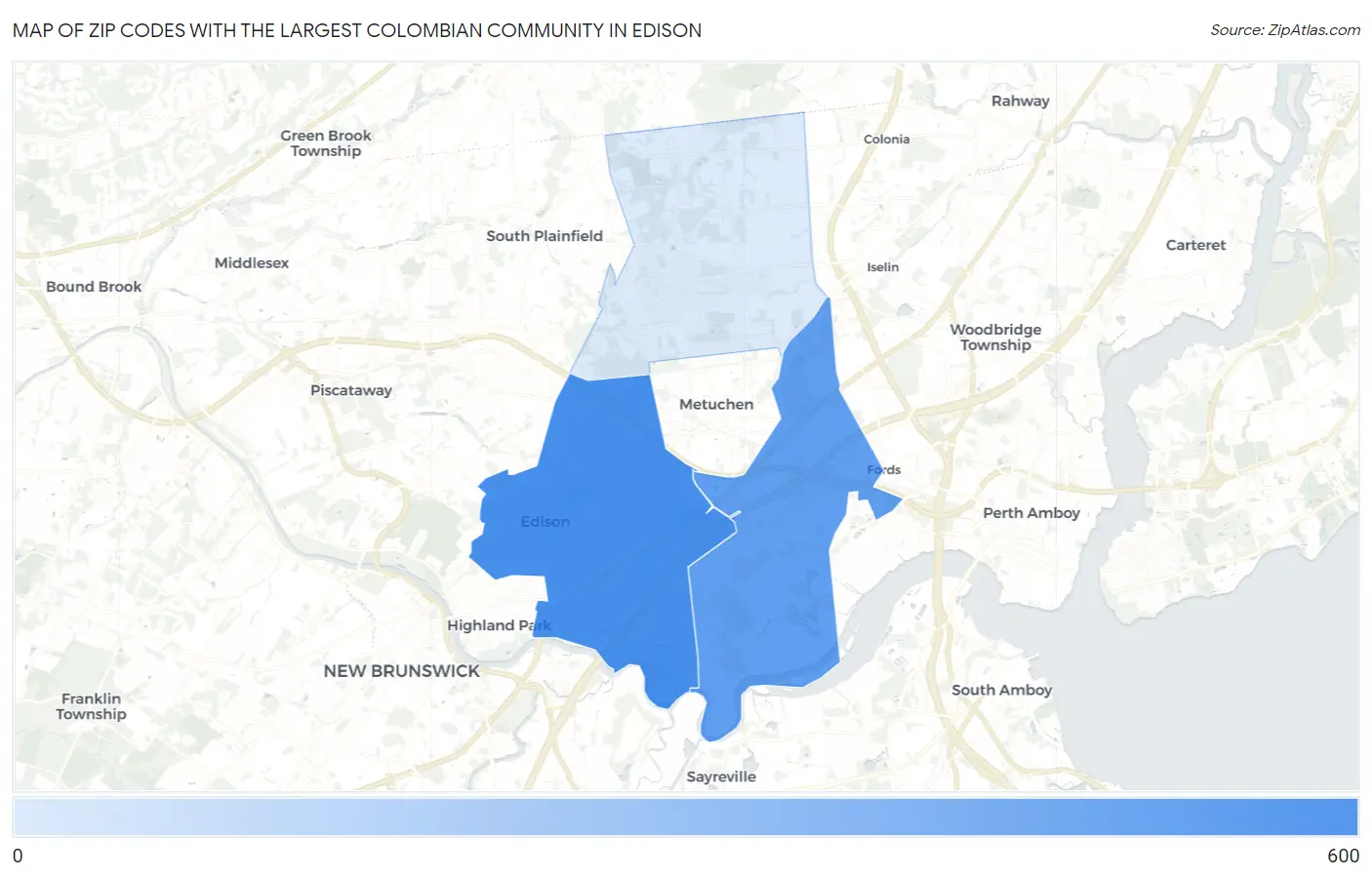 Zip Codes with the Largest Colombian Community in Edison Map