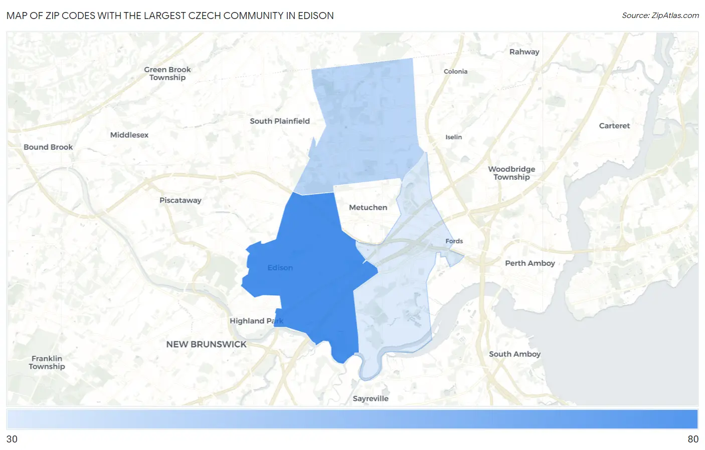 Zip Codes with the Largest Czech Community in Edison Map